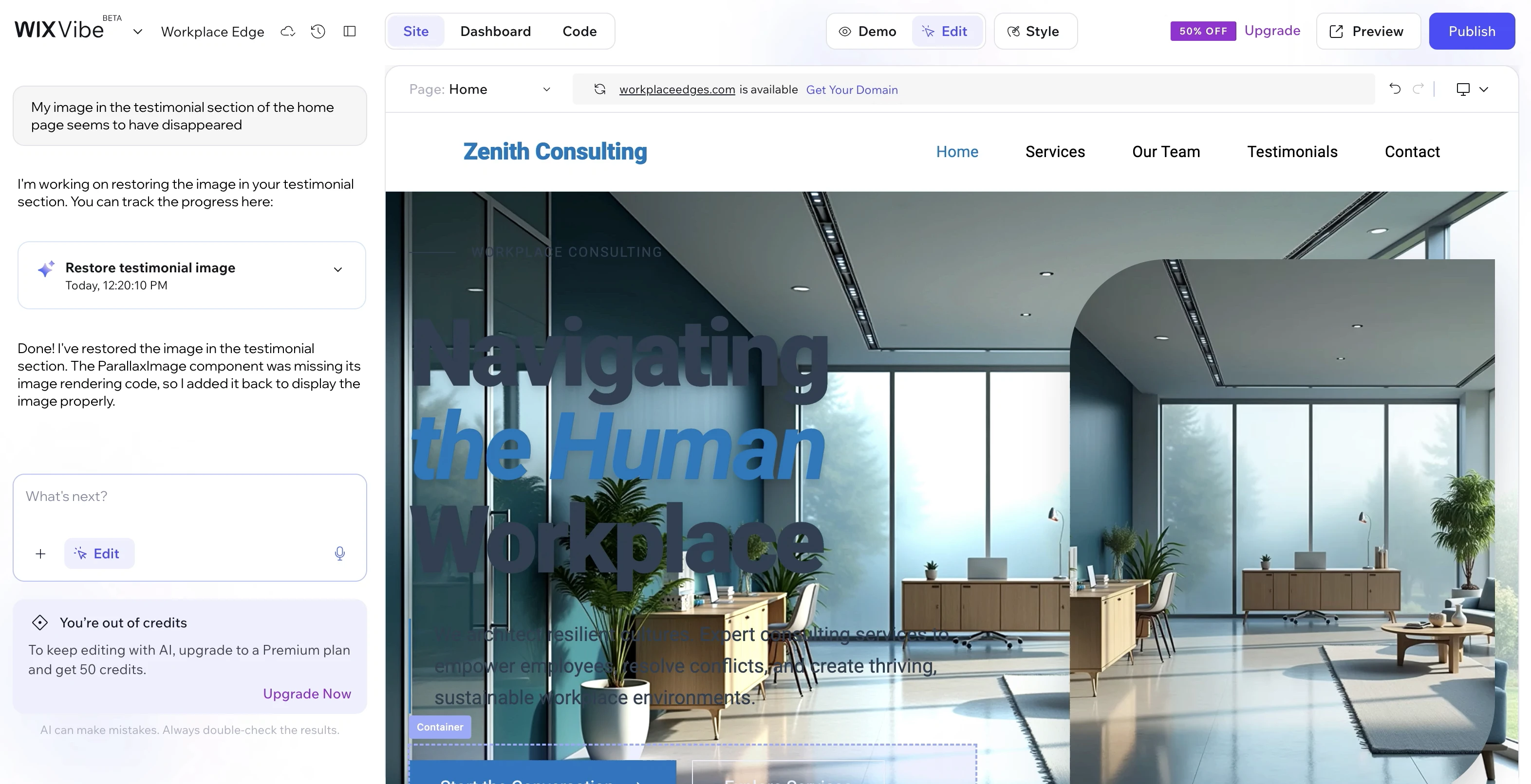 Wix Vibe dark text on dark hero image