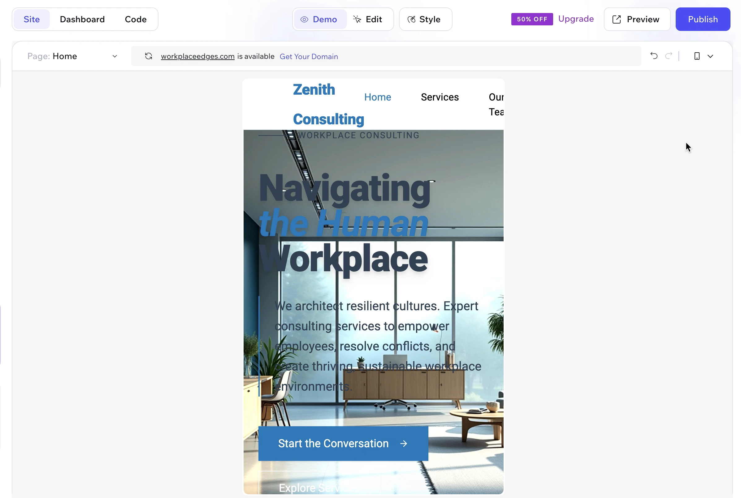 Wix Vibe mobile preview screen
